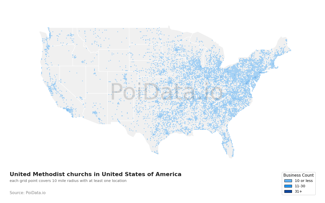 United Methodist church density map for Tennessee, United States