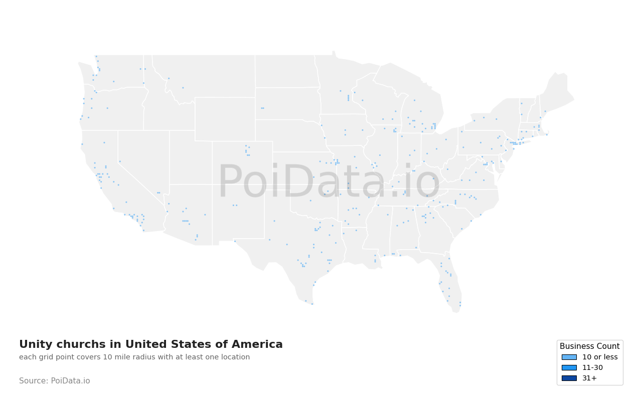 Unity church density map for Texas, United States