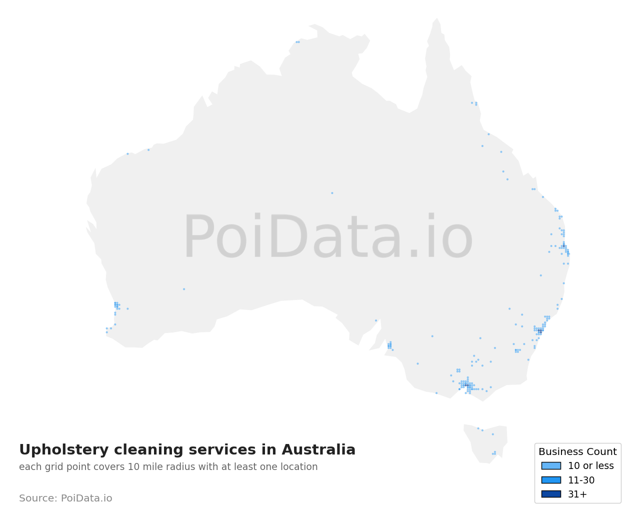 Upholstery cleaning service density map for Australia
