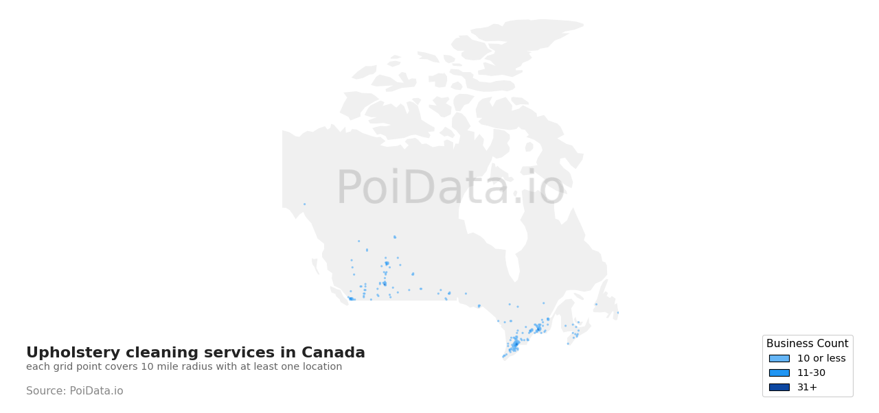 Upholstery cleaning service density map for Ontario, Canada