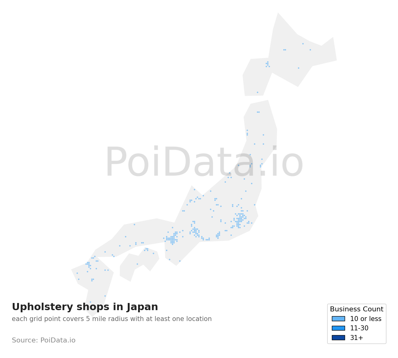Upholstery shop density map for Japan