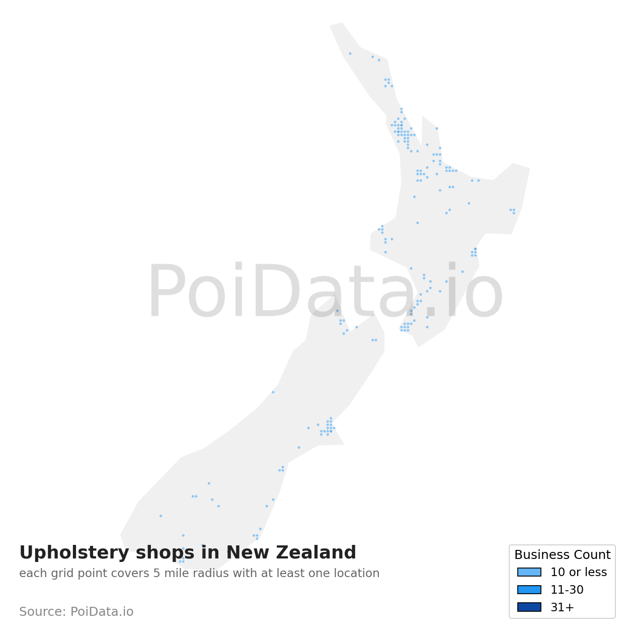 Upholstery shop density map for New Zealand