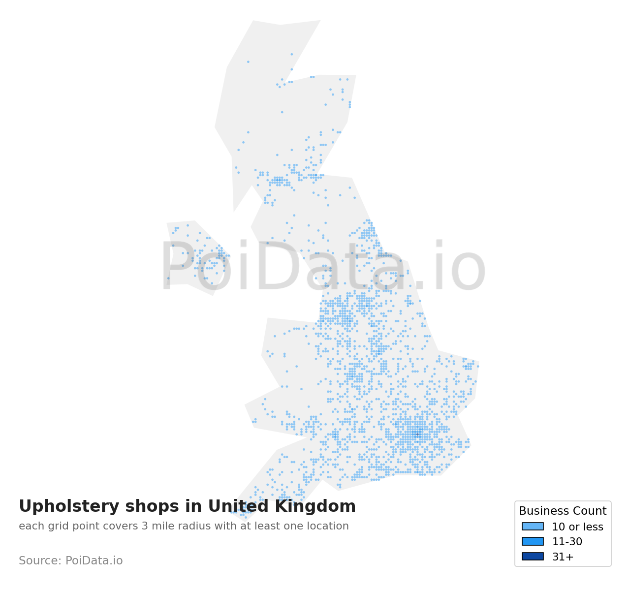 Upholstery shop density map for United Kingdom