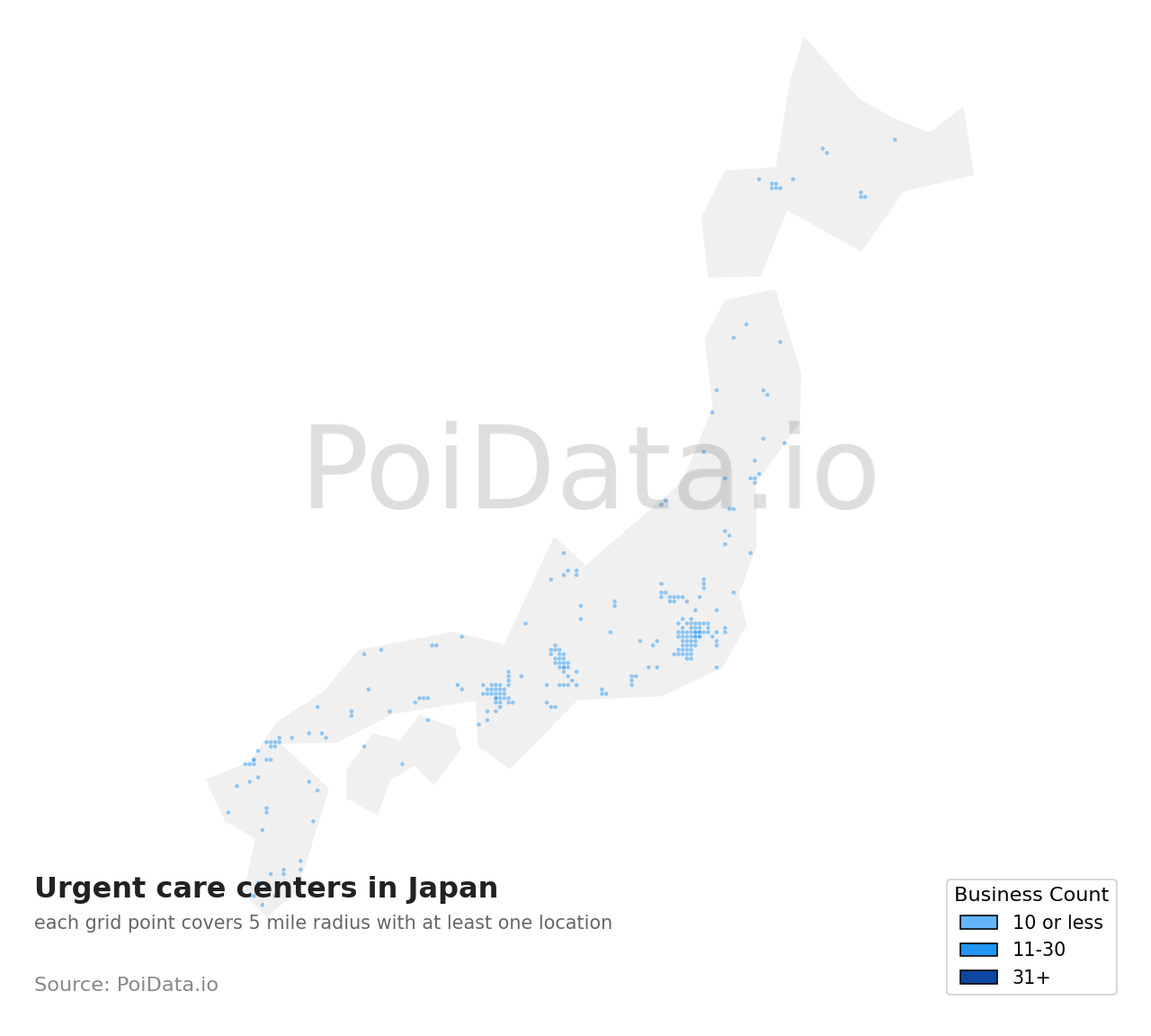 Urgent care center density map for Japan
