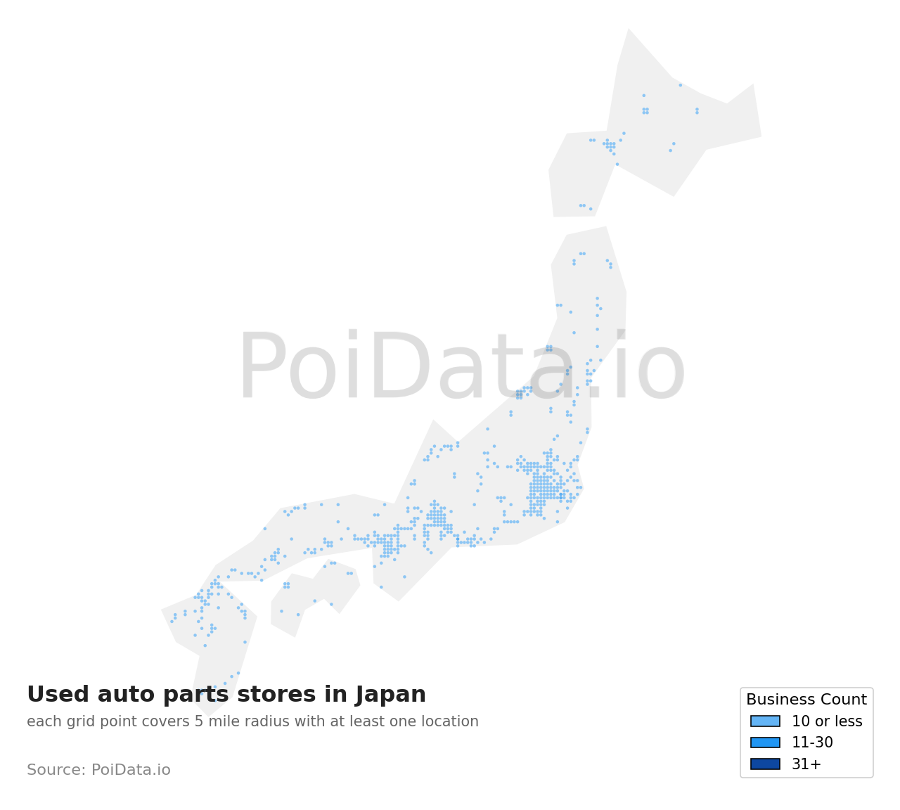 Used auto parts store density map for Kitakatsushika District, Saitama, Japan