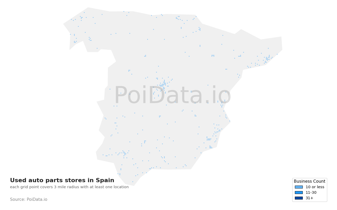 Used auto parts store density map for Spain