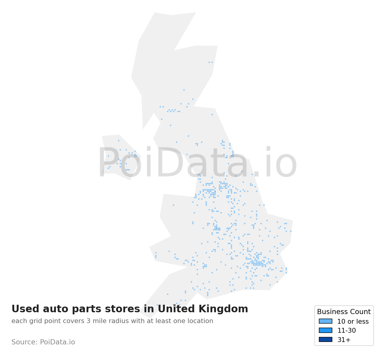 Used auto parts store density map for United Kingdom