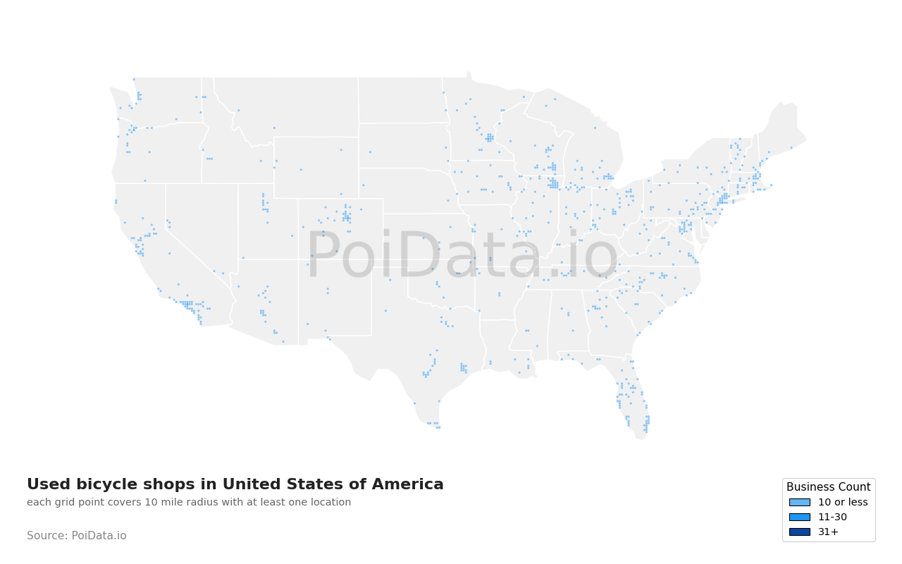 Used bicycle shop density map for Florida, United States
