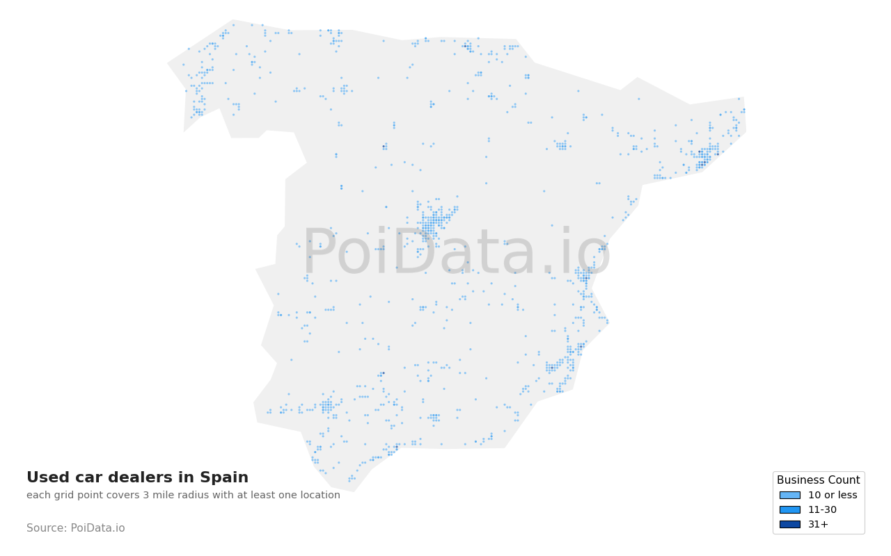 Used car dealer density map for Spain