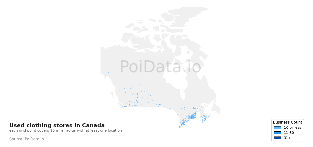 Used clothing store density map for Canada