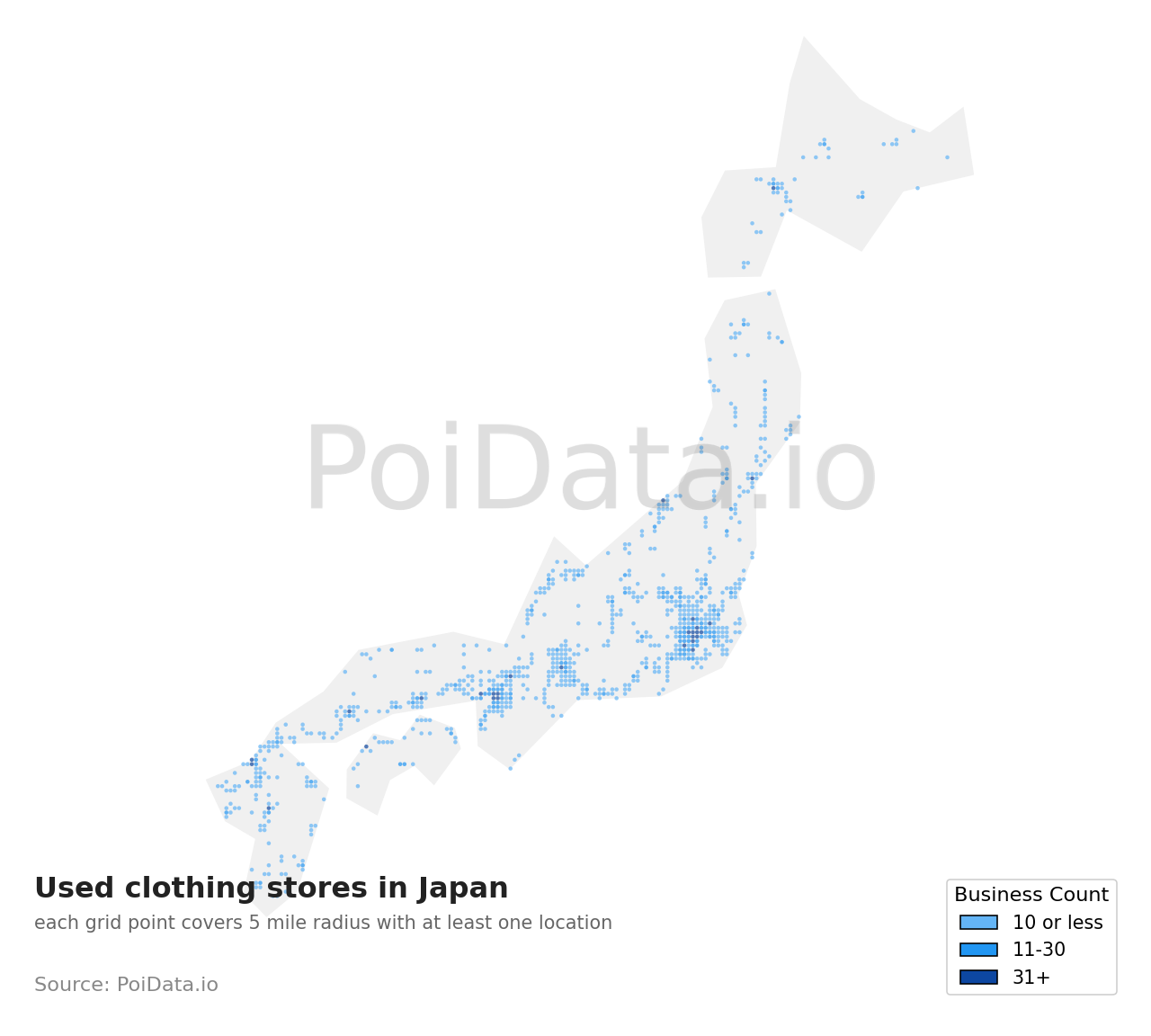 Used clothing store density map for Japan