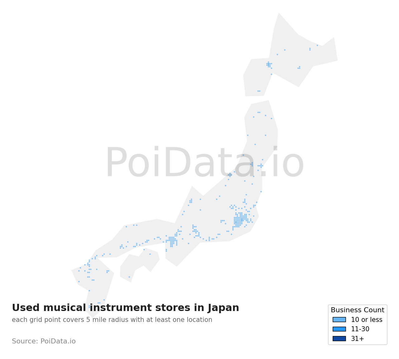 Used musical instrument store density map for Japan