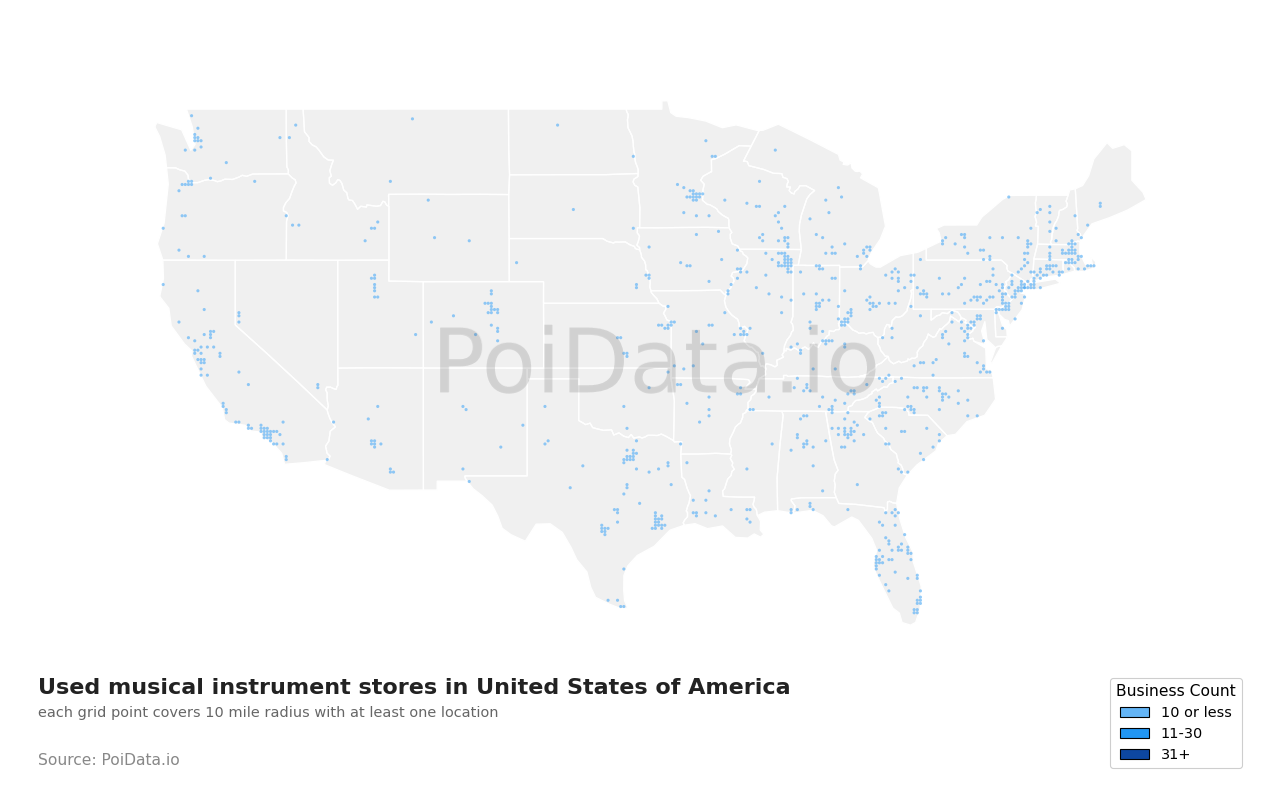 Used musical instrument store density map for Florida, United States