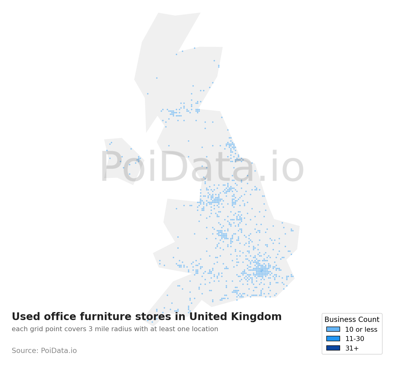 Used office furniture store density map for United Kingdom