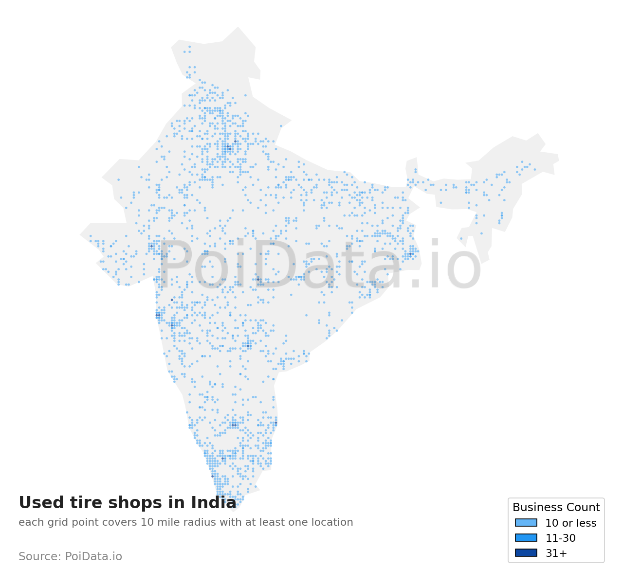 Used tire shop density map for Meghalaya, India