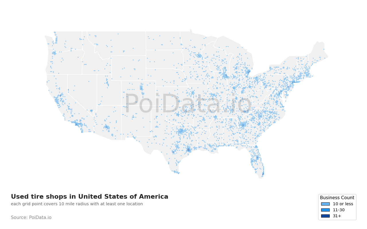 Used tire shop density map for New Mexico, United States