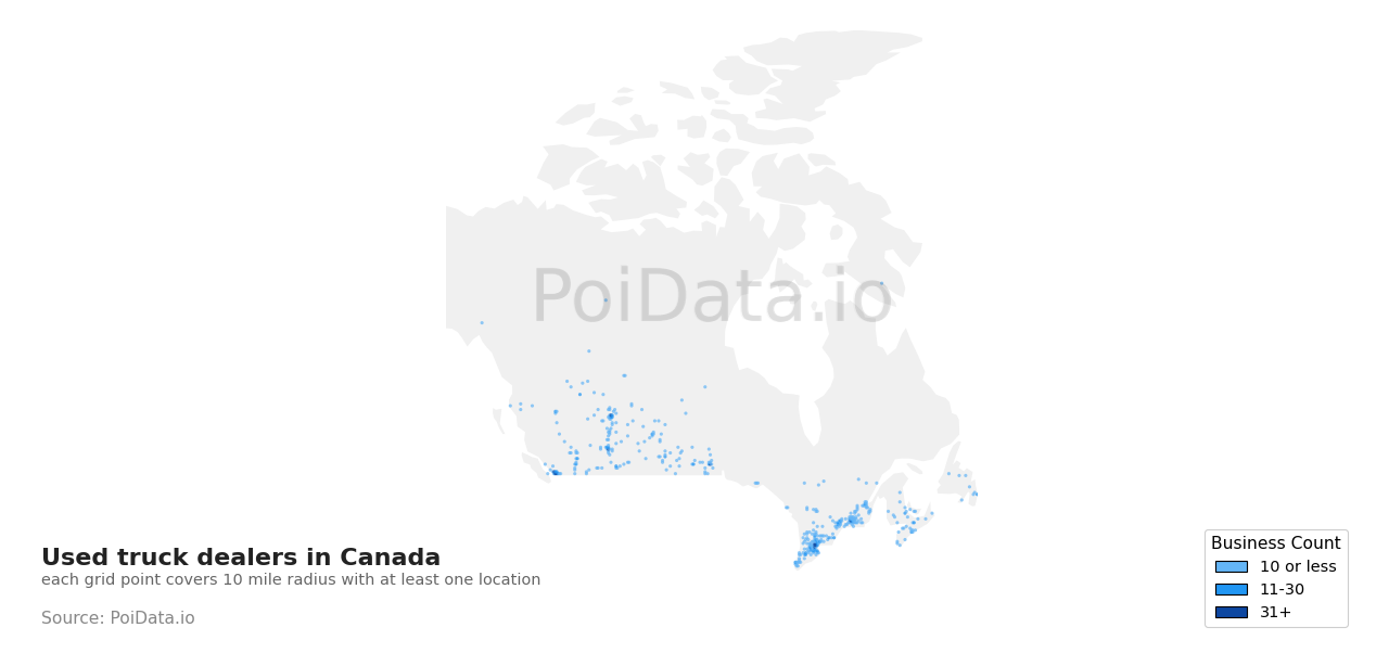 Used truck dealer density map for British Columbia, Canada