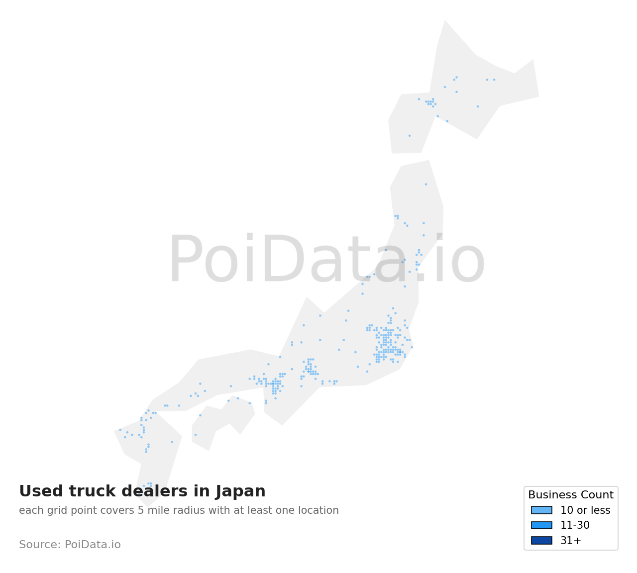 Used truck dealer density map for Japan