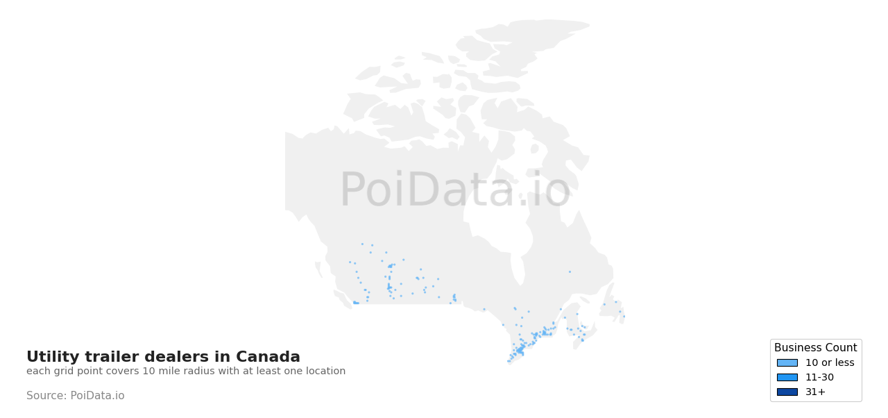 Utility trailer dealer density map for British Columbia, Canada