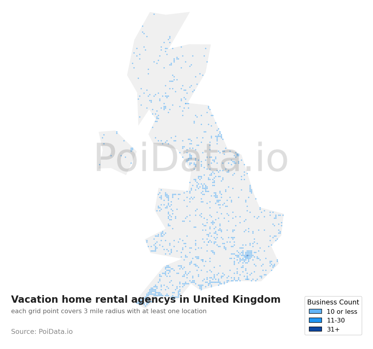 Vacation home rental agency density map for United Kingdom