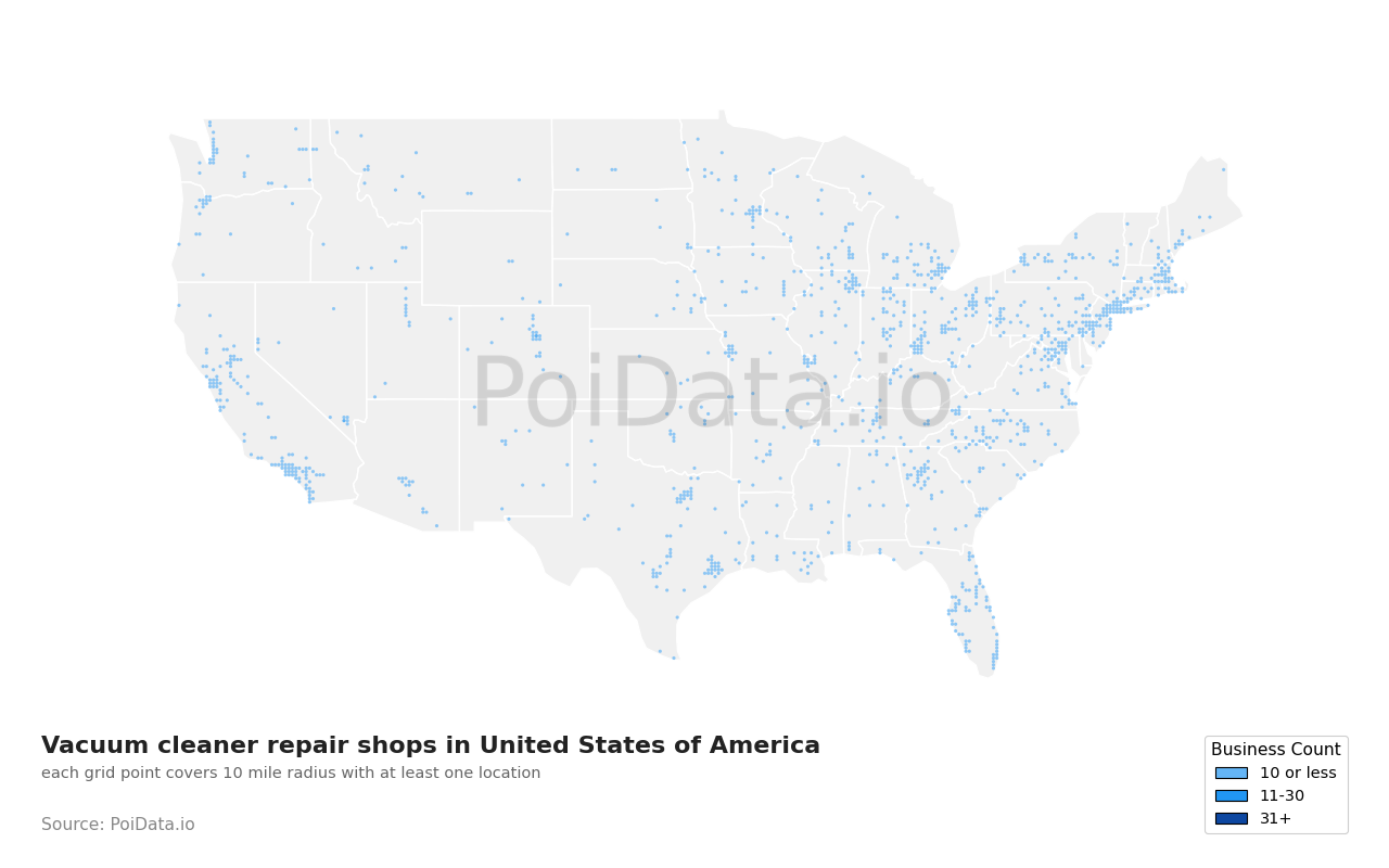 Vacuum cleaner repair shop density map for United States