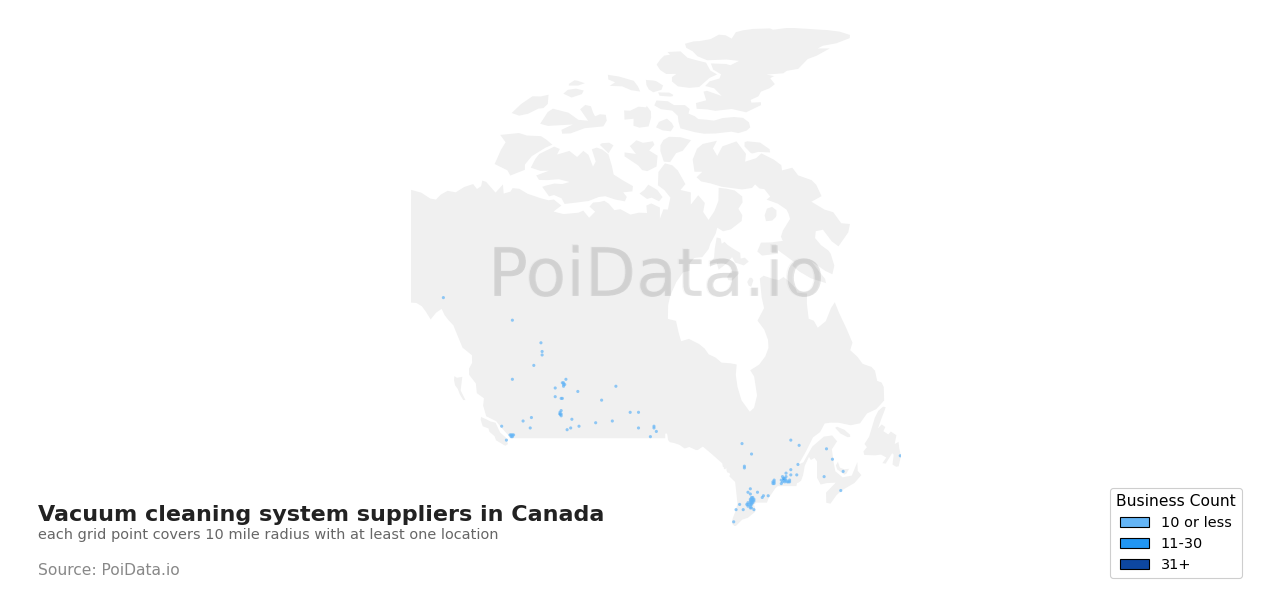Vacuum cleaning system supplier density map for British Columbia, Canada