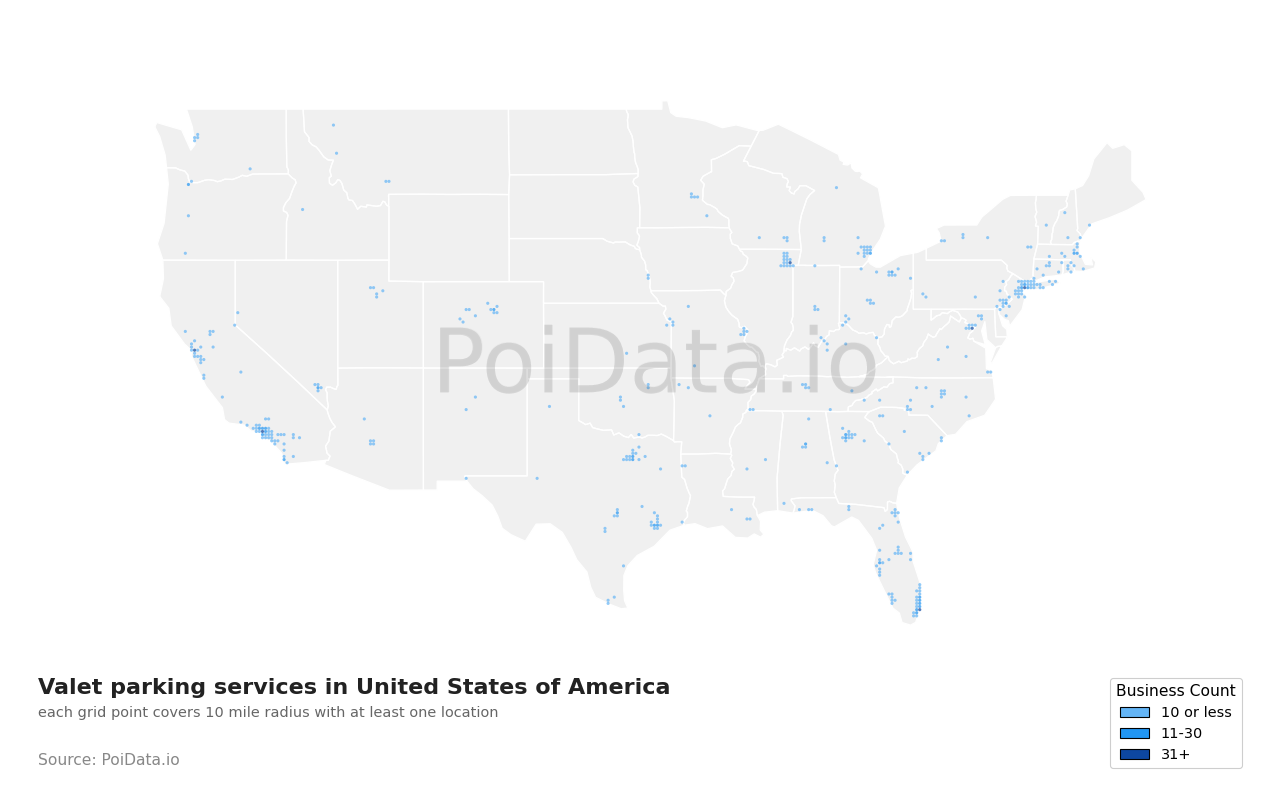 Valet parking service density map for Colorado, United States
