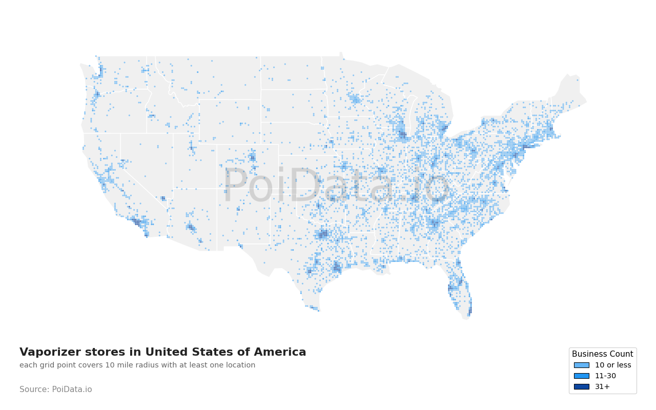 Vaporizer store density map for Florida, United States