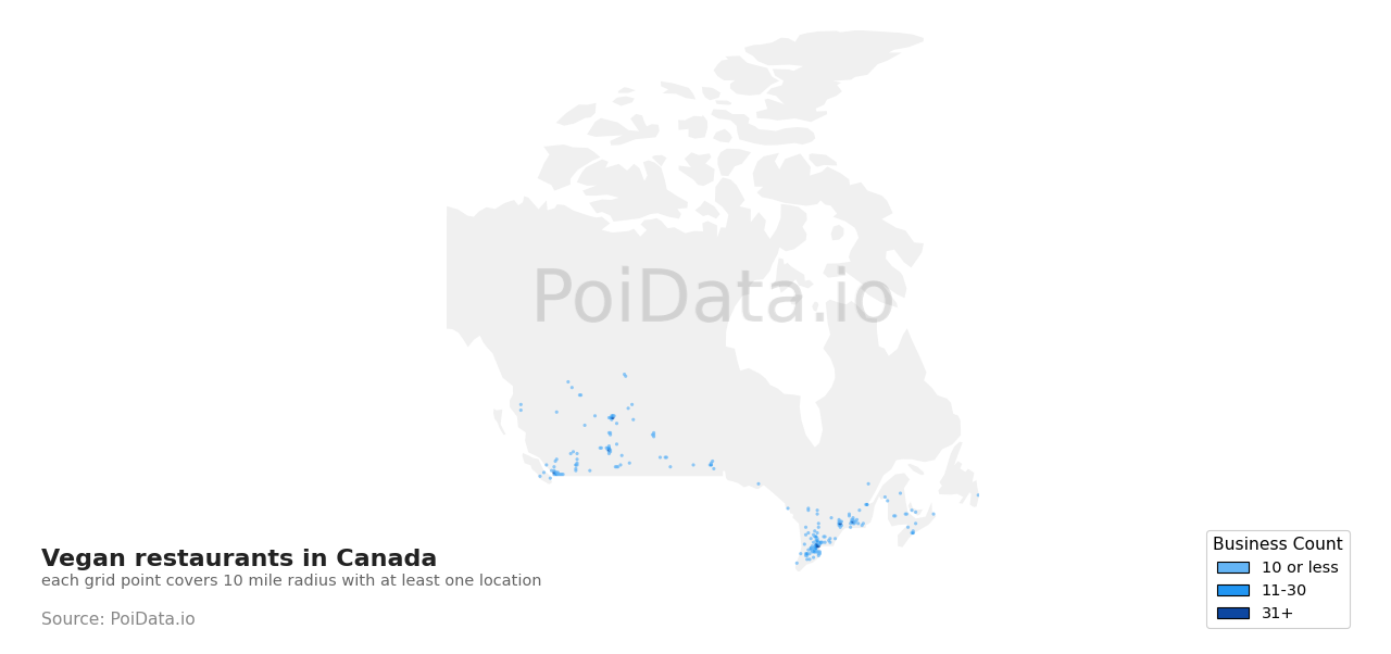 Vegan restaurant density map for Nova Scotia, Canada