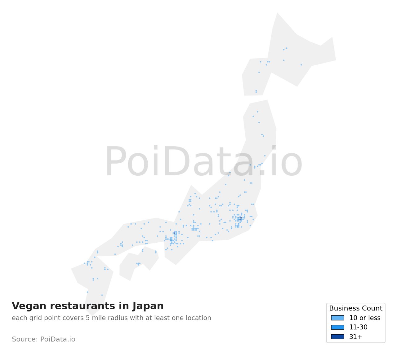 Vegan restaurant density map for Japan