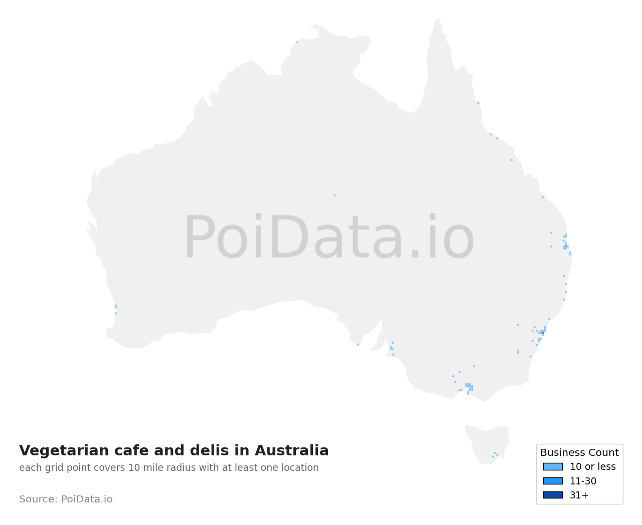 Vegetarian cafe and deli density map for Australia
