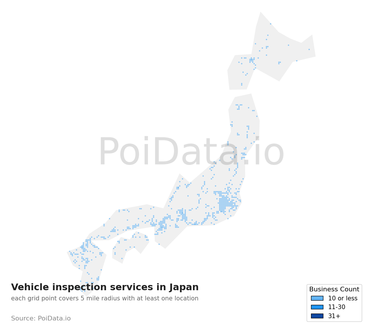 Vehicle inspection service density map for Ako District, Hyogo, Japan
