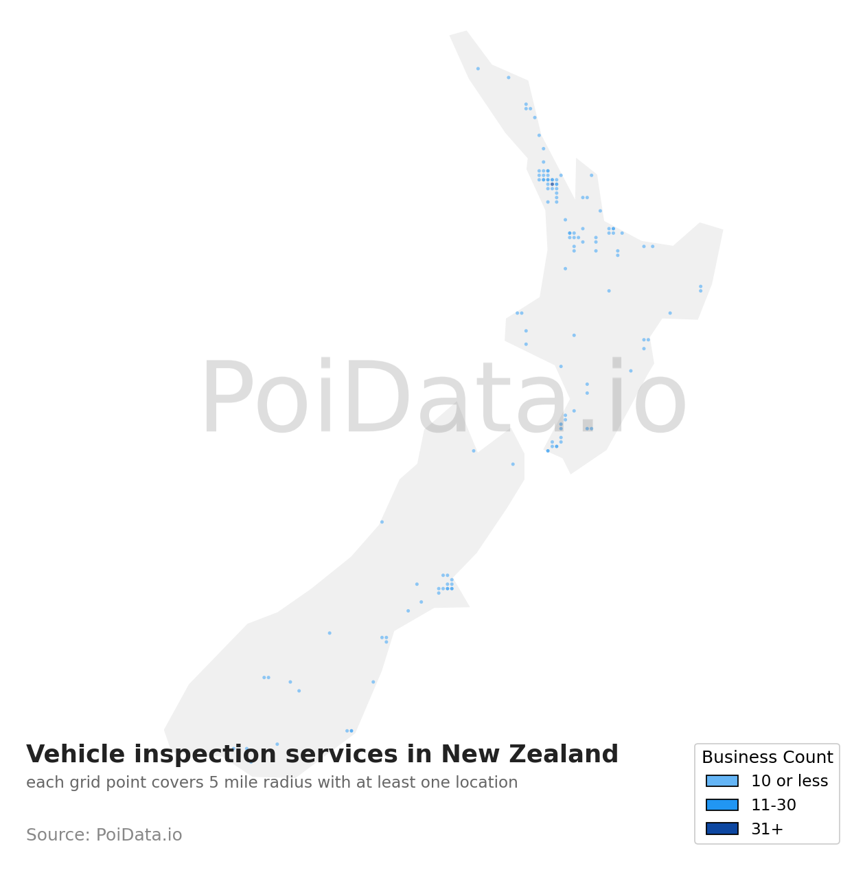 Vehicle inspection service density map for New Zealand