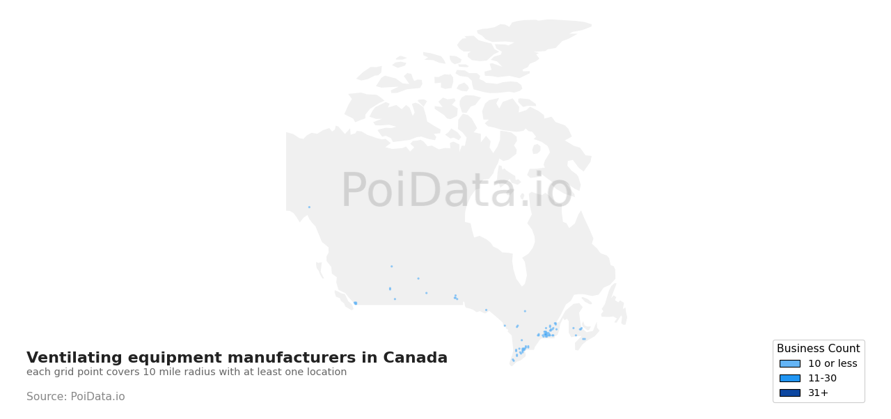 Ventilating equipment manufacturer density map for Canada