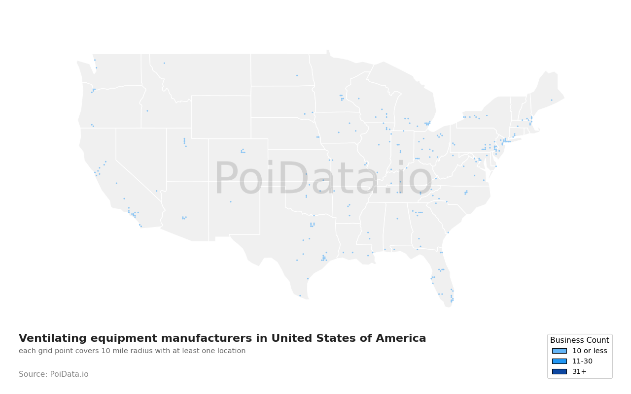 Ventilating equipment manufacturer density map for United States