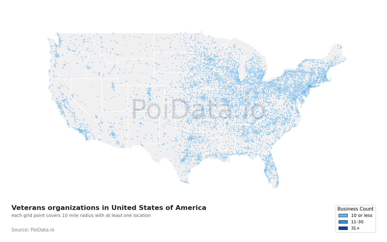 Veterans organization density map for North Carolina, United States