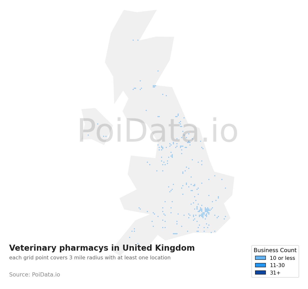 Veterinary pharmacy density map for United Kingdom