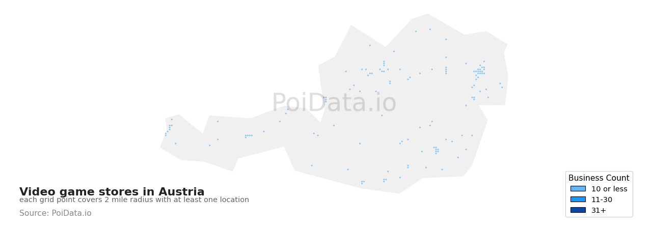 Video game store density map for Austria