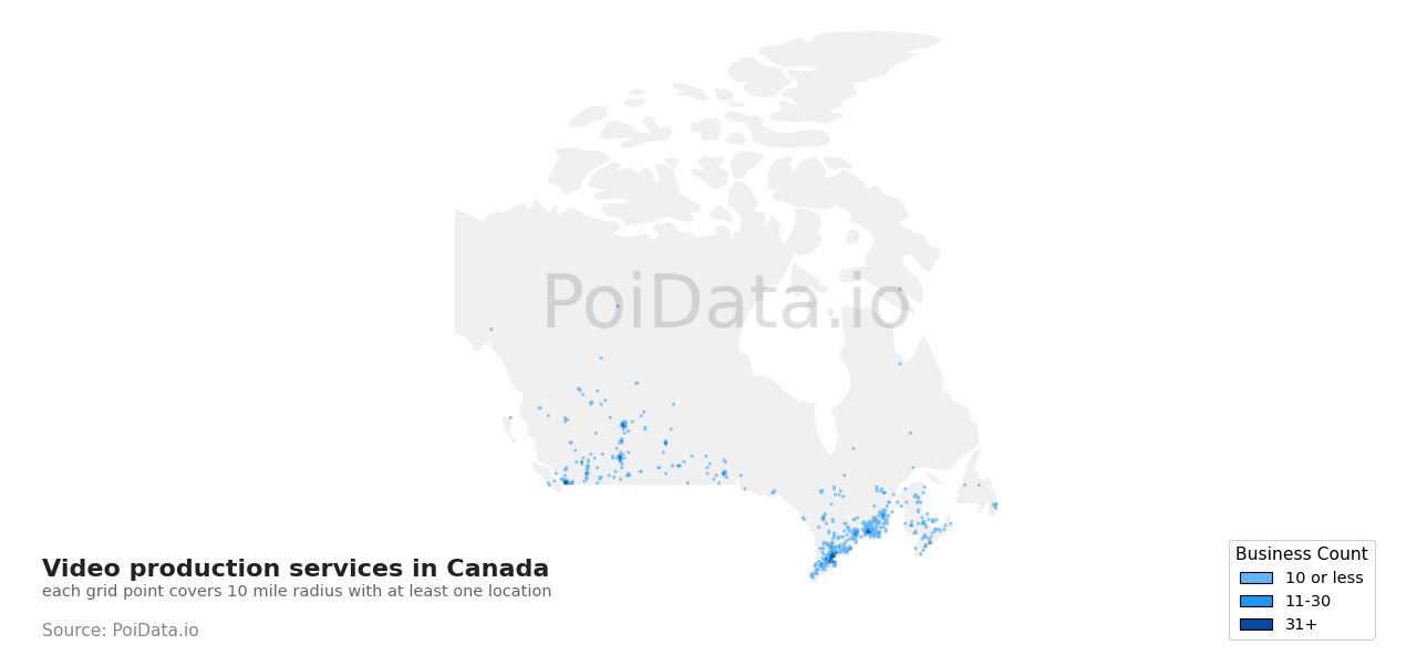 Video production service density map for Canada