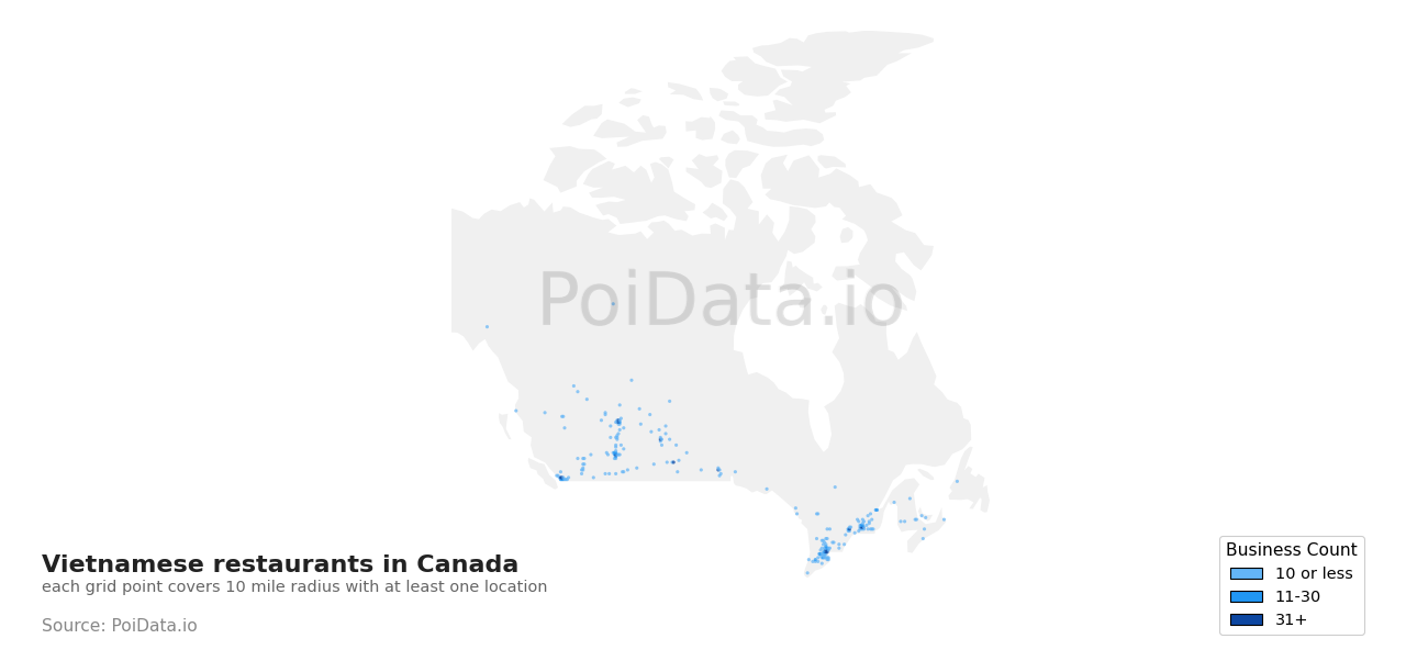 Vietnamese restaurant density map for British Columbia, Canada