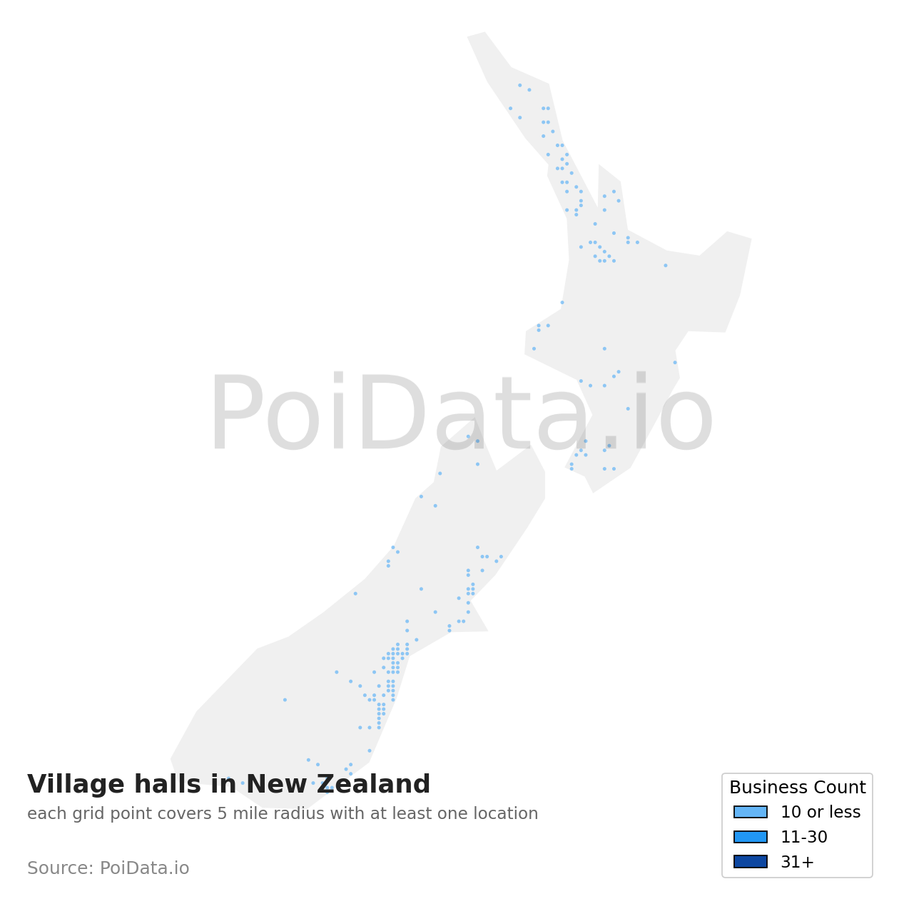 Village hall density map for New Zealand