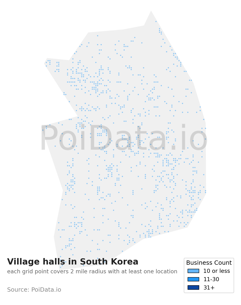 Village hall density map for South Korea