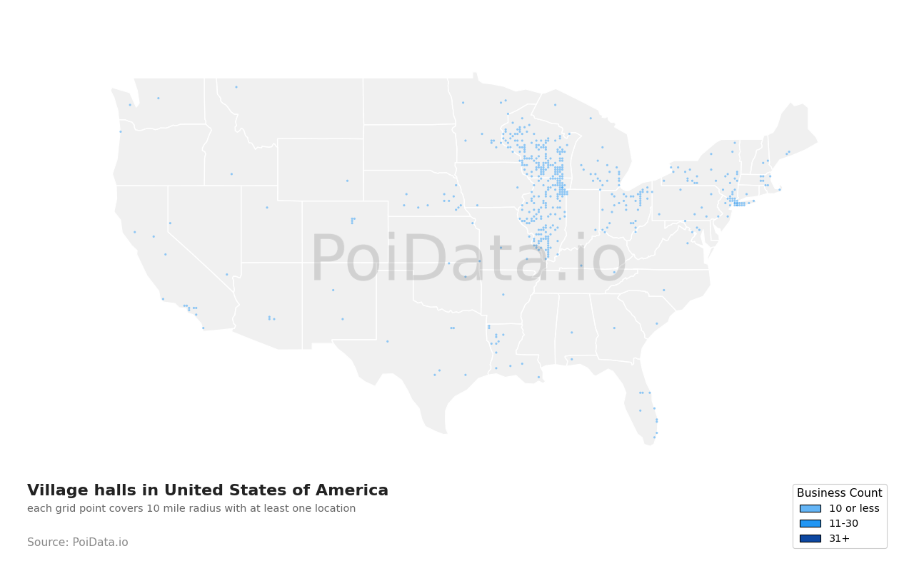 Village hall density map for United States