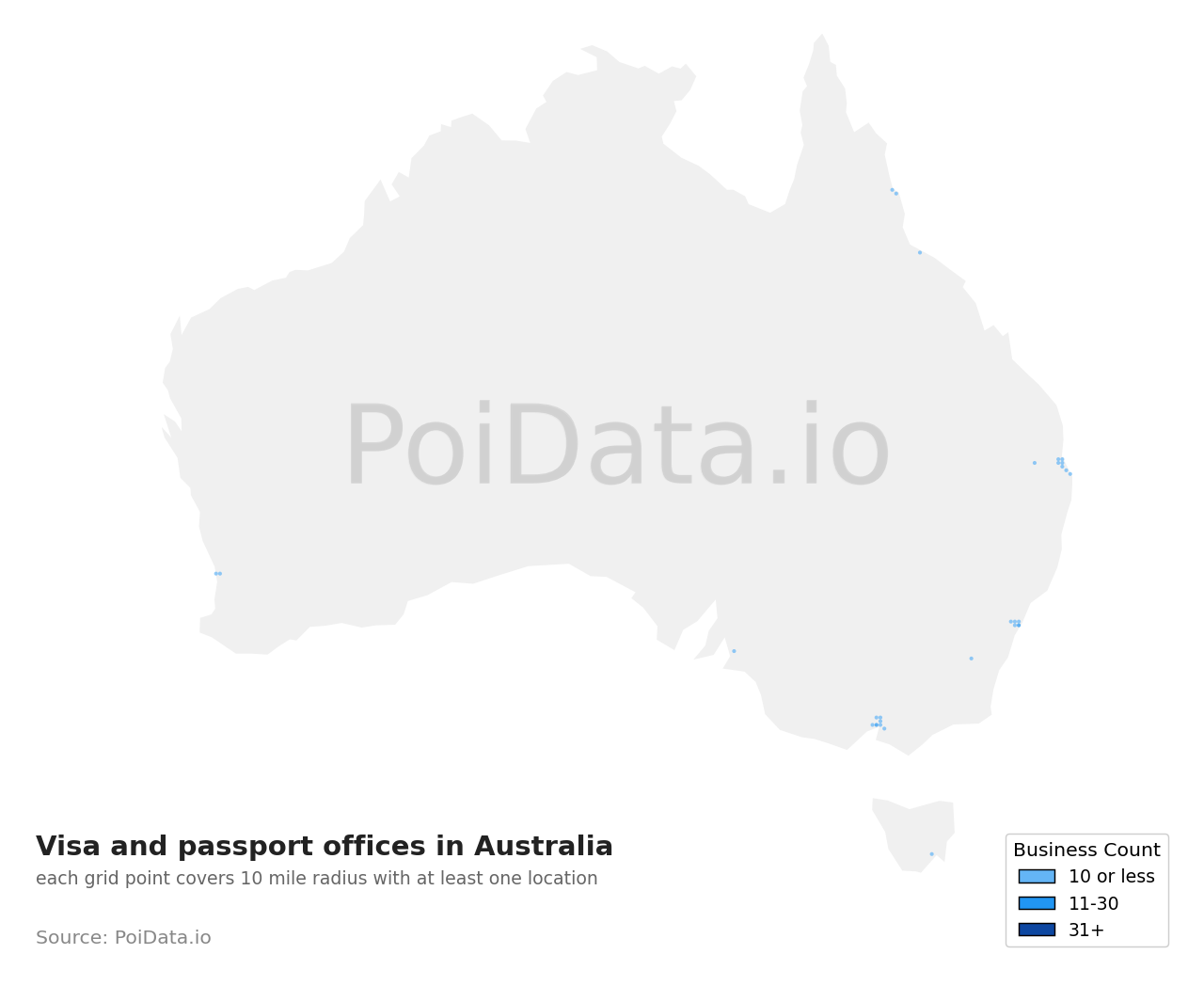 Visa and passport office density map for Australia