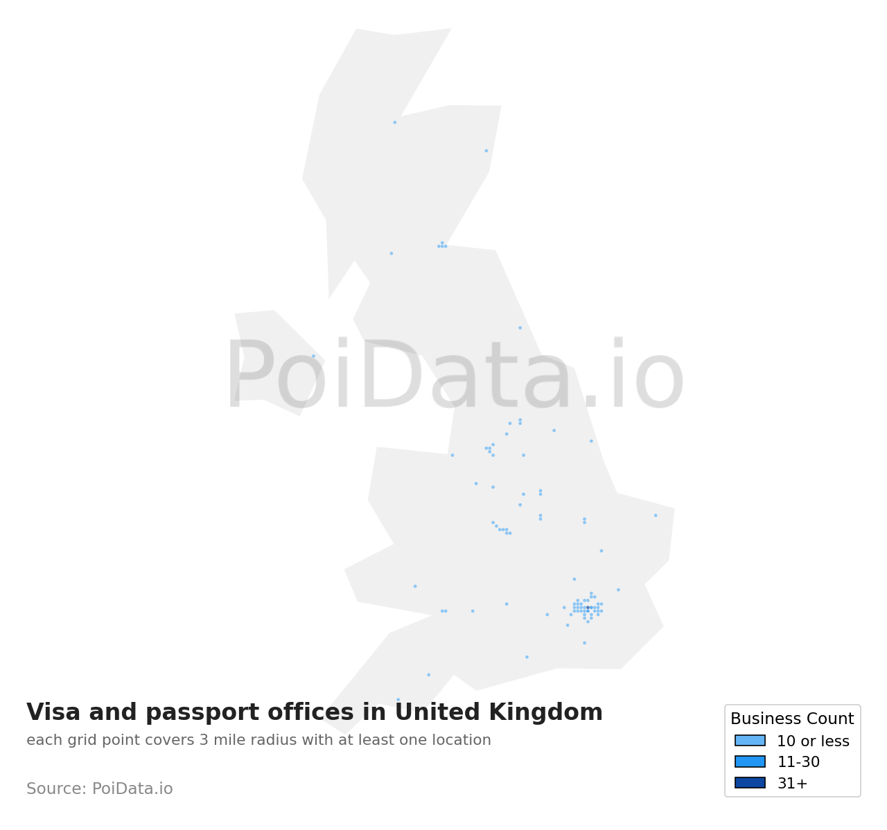 Visa and passport office density map for United Kingdom