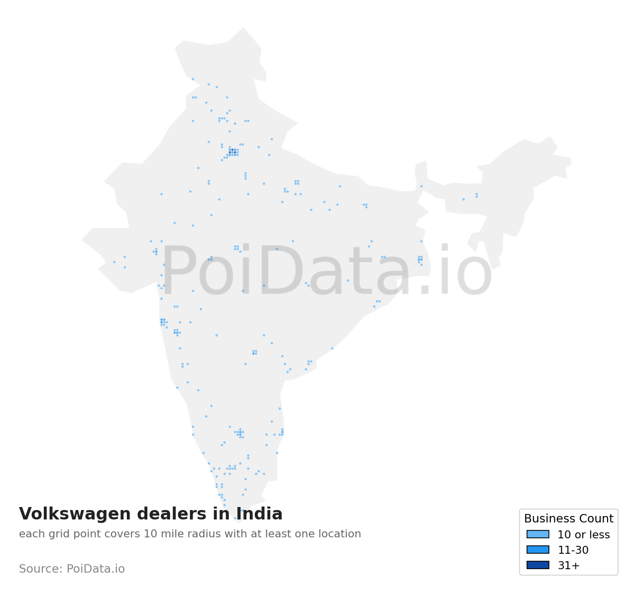 Volkswagen dealer density map for India