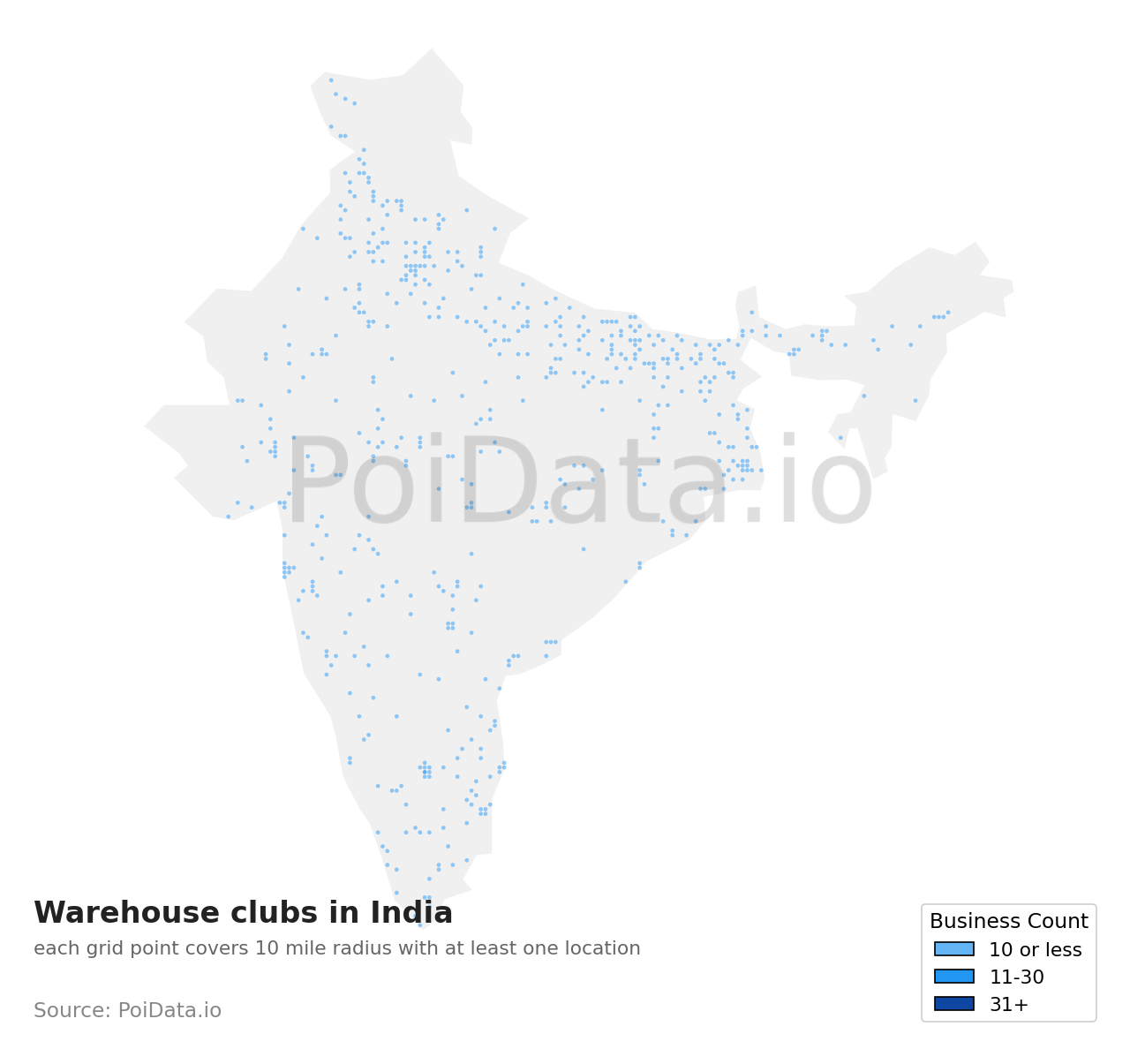 Warehouse club density map for India
