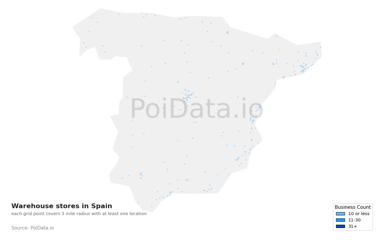 Warehouse store density map for Spain