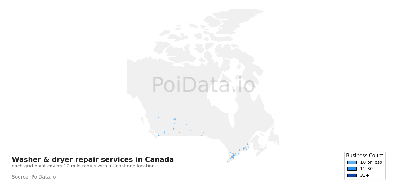 Washer & dryer repair service density map for Quebec, Canada