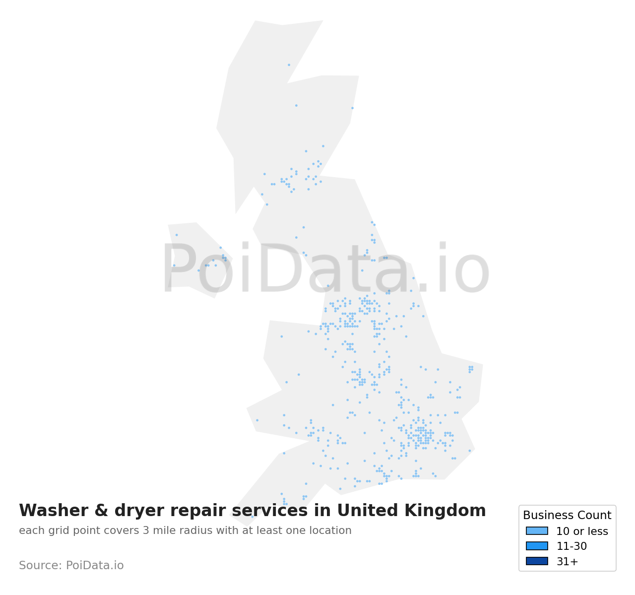 Washer & dryer repair service density map for United Kingdom